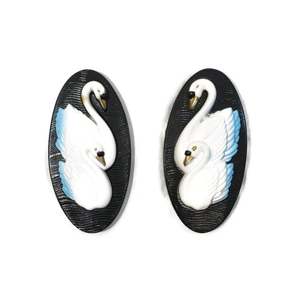 Vintage Chalkware Plaques Swans Pair Miller Studio 50s MCM Home decor wall hanging