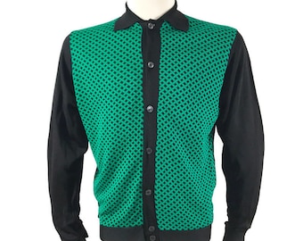 Vintage 60s Sweater Diplomat Mod Panel Acetate Knit Green Black Button up Shirt Jac