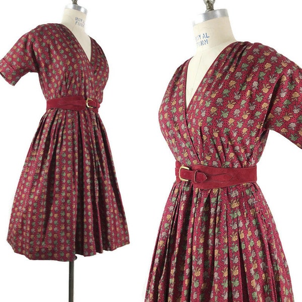 Vintage 50s Dress Red Floral Cotton Surplice Dress Full Skirt Rockabilly Cottagecore