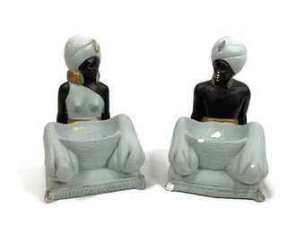 Vintage Chalkware Genie Couple Blackamoor Set Pair 1950s MCM Home decor Figurines Dishes