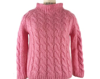 Vintage 60s Sweater Cable Knit Pink Wool Funnel neck Pullover Poltex