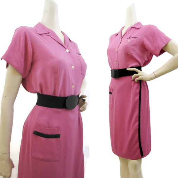 50 s réservé Bowling Outfit rayonne rose Vintage Sportswear chemise d'uniforme jupe S