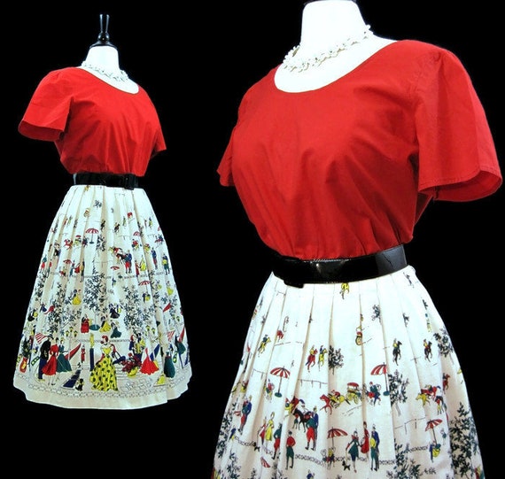 Vintage 50s Dress Border Print Novelty Print Full