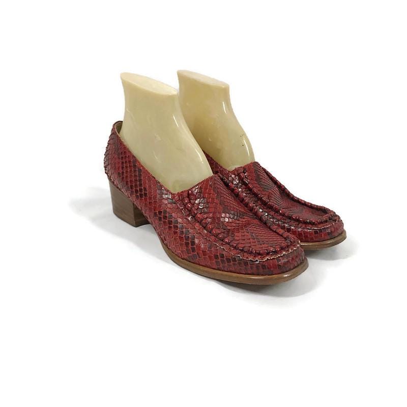 Vintage 90s Loafers Red Snakeskin and Leather Chunky Heel Square Toe…