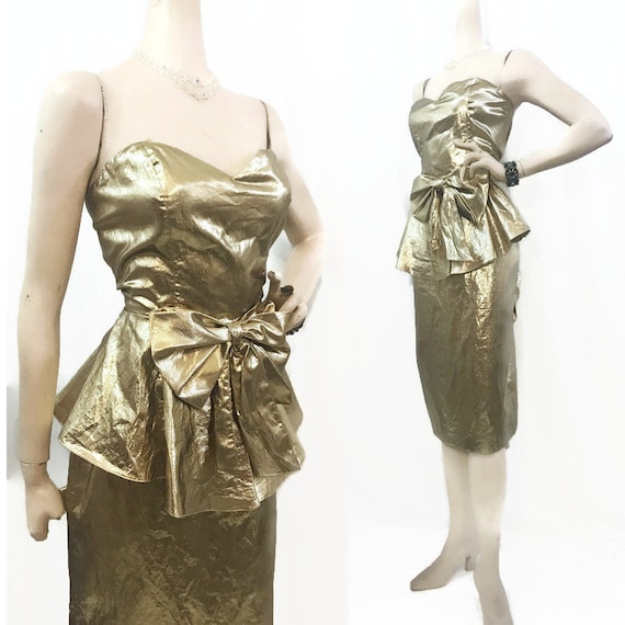 Vintage 80s Dress Gold Lame Strapless Peplum Bustl