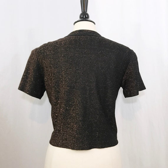 Vintage 60s Blouse Copper Lurex Black Button Crop… - image 6