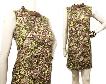 Vintage 60s Dress MOD Paisley Shift Green Purple Psychedelic Nylon Mini