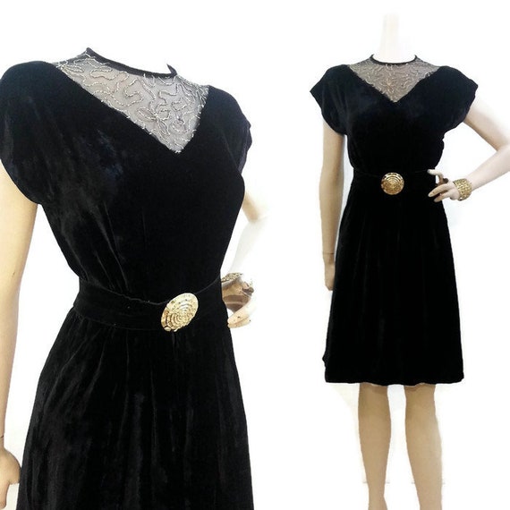 Vintage 40s Dress Panne Velvet Gold Soutache Illus