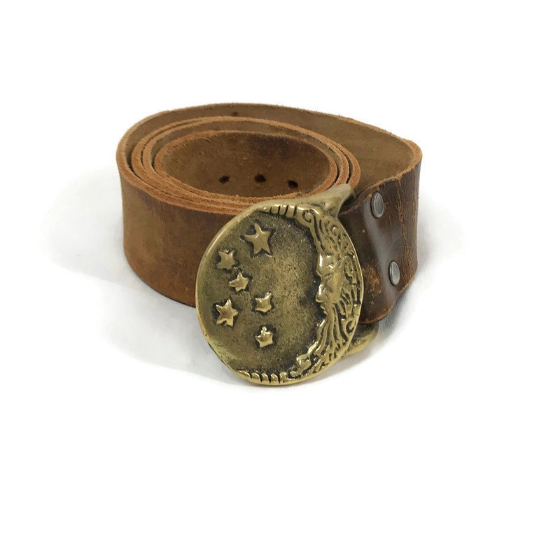 Vintage 70s Belt Brass Buckle Moon Face Crescent Stars Brown Vintage 70s Belt Brass Buckle Moon Face Crescent Stars Brown