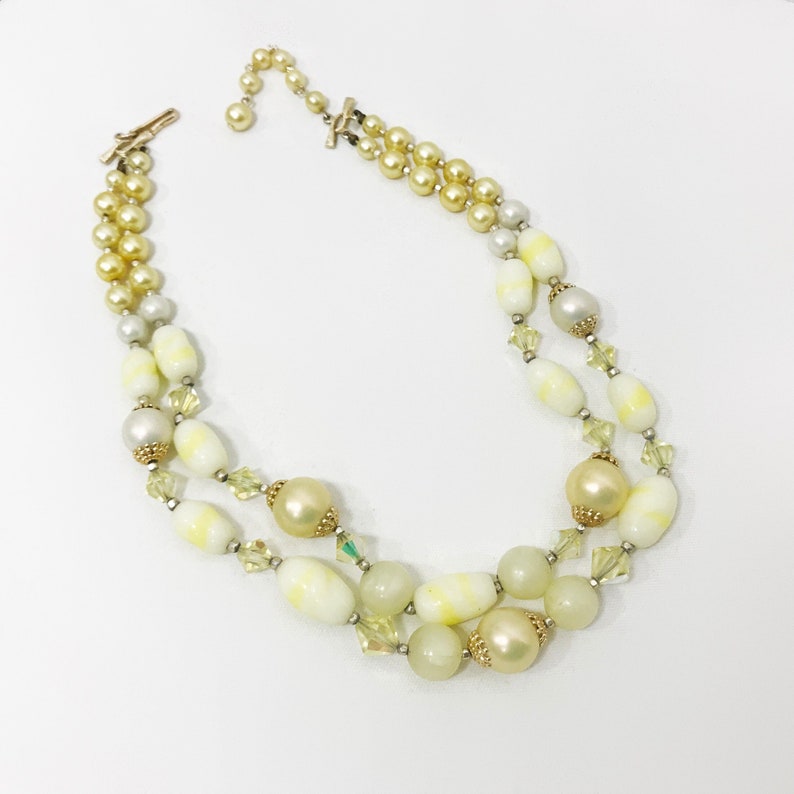 Vintage 50s 60s Necklace 2 Strand Yellow Crystal and Bead Bib image 3