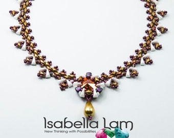 May include: A gold, white, and purple beaded necklace with a teardrop-shaped pendant. The necklace features a geometric design and a central focal point with a clear crystal.
