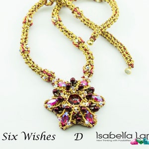 May include: A gold and burgundy beaded necklace with a star-shaped pendant. The pendant is made of faceted beads in shades of burgundy, gold, and clear. The necklace is called "Six Wishes D" and is by Isabella Lam.