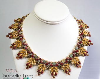 May include: A beaded necklace with a geometric design featuring brown, red, gold, and green beads. The necklace is displayed on a white mannequin.
