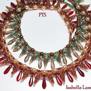May include: A multi-layered beaded necklace with red, green, brown, and cream beads. The necklace features a cascading design with teardrop-shaped beads.