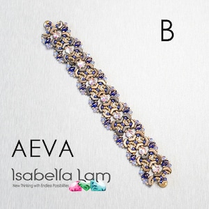 May include: A beaded bracelet with a repeating pattern of gold, navy blue, and clear crystals. The bracelet is labeled "AEVA" and "Isabella Lam". The letter "B" is in the upper right corner.