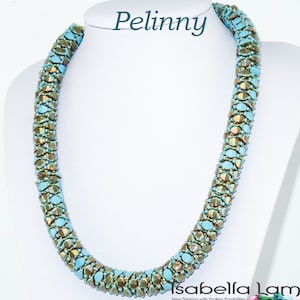 May include: A turquoise and gold beaded necklace called "Pelinny" by Isabella Lam. The necklace is made of small, faceted beads and is designed to be worn as a choker.