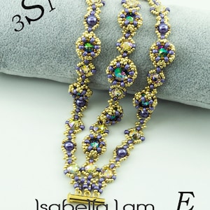 May include: Three beaded bracelets with a gold and purple color scheme. The bracelets are made with small beads and feature a variety of shapes and sizes. The bracelets are on a gray background. The text "Isabella Lam" and "New Thinking with Endless Possibilities" is visible at the bottom of the image.