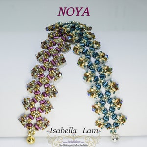 May include: Two beaded bracelets with a zig-zag pattern. The bracelet on the left is made with purple, gold, and white beads. The bracelet on the right is made with blue, gold, and white beads. The bracelets are labeled "NOYA" and "Isabella Lam".