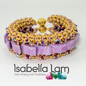 May include: A multi-strand bracelet with a purple and gold color scheme. The bracelet is made of small beads and features a row of rectangular purple stones.