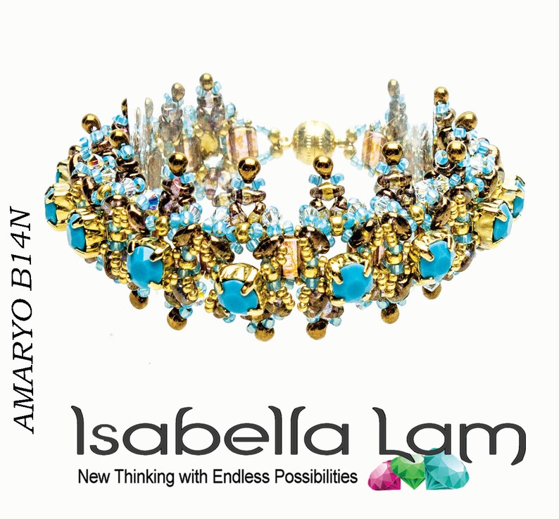 May include: A gold and turquoise beaded bracelet with a magnetic clasp. The bracelet is made with small, intricate beads and features a geometric design. The text "AMARYO B14N" is visible on the left side of the image.