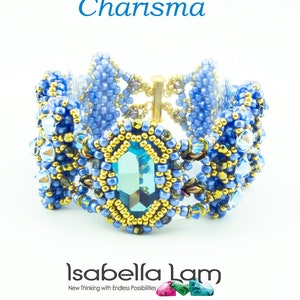 May include: A blue and gold beaded bracelet with a large, faceted, teal gemstone in the center. The bracelet is called "Charisma" and is designed by Isabella Lam.
