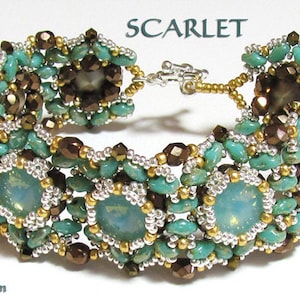 May include: A turquoise, gold, and brown beaded bracelet with a silver clasp. The bracelet features a repeating pattern of turquoise stones, gold beads, and brown beads. The bracelet is labeled "SCARLET".