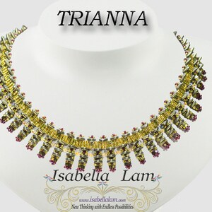May include: A gold and gray beaded necklace with burgundy accents. The necklace is called "Triana" and is designed by Isabella Lam. The text "New Thinking with Endless Possibilities" is also included.