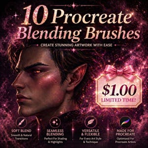 May include: Digital art advertisement for 10 Procreate Blending Brushes. The image features a fantasy illustration of a person with pointed ears and glowing eyes, set against a cosmic background. Text includes "Create Stunning Artwork With Ease" and brush features.