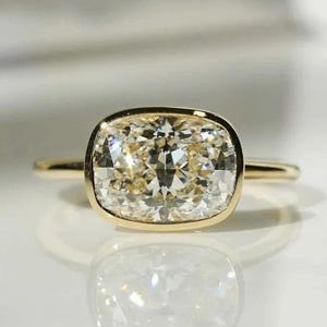 Bezel Set Ring, 2.5 Ct Elongated Cushion Cut Lab Grown Wedding Ring,East West Diamond Anniversary Ring,18K Solid Yellow Gold Engagement Ring