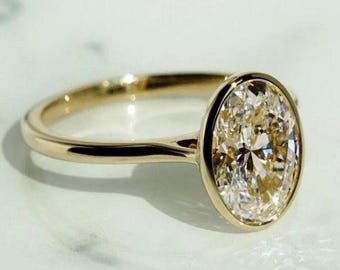 18K Solid Yellow Gold Anniversary Ring, Full Bezel Set Wedding Ring, 2.0 Ct Oval Cut Lab Diamond Engagement Ring, Bridal Proposal Ring.