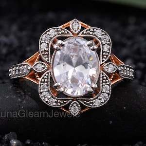 Vintage Art Deco Ring, 2 CT Oval Cut Colorless Moissanite Engagement Ring, 14K Solid Rose Gold Wedding Ring, Milgrain Wedding Ring,Halo Ring