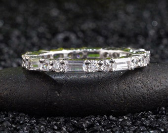 Alternating Baguette With Round Cut Moissanite, Full Eternity Baguette Round Moissanite Ring, Valentine Gift Baguette Band Anniversary Gifts