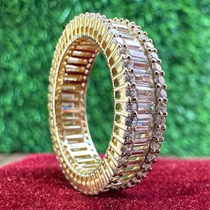 Full Eternity Wedding Band, 14K Solid Yellow Gold Engagement BandBridal , Baguette & Round Cut Lab Diamond Anniversary Band, Proposal Band.