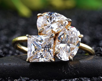 3 Ct Toi Et Moi Lab Grown Diamond Engagement Ring in 14K Gold, Timeless Three Stone Anniversary Gift for Her, Wedding Ring for Women