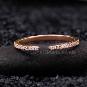 Open Wedding Band, Round Cut Diamond Engagement Ring,Half Eternity Bridal Ring,Minimalist Matching Band,18K Solid Rose Gold Anniversary Ring
