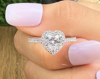 Beautiful 1.5 Ct Heart Shaped Diamond Halo Engagement Ring, 14k Gold Pave Setting Wedding Ring, Anniversary Gift for Her, Ring for Women