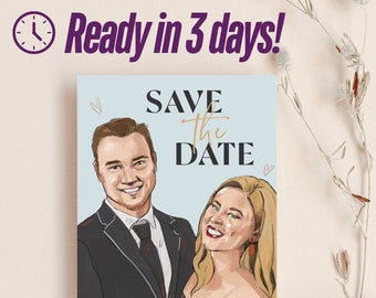 Op de afbeelding: Een save-the-date kaart met een blauwe achtergrond waarop geïllustreerde portretten van een stel te zien zijn. De tekst "SAVE the DATE" is in zwart met gouden accenten.
