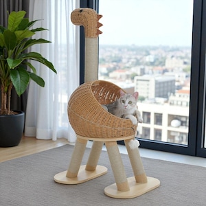 Whimsical Dinosaur Cat Tree with Sisal Scratching Post, Large Rattan Bed, Removable Cushion & Play Toy for Indoor Cats