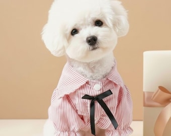 Striped Dog Dress Shirt with Bow, Small Dog Summer Clothes, Cat Apparel