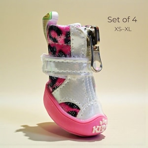 Zipper Dog Boots Set of 4, Leopard PU Shoes for Small Dogs XS-XL