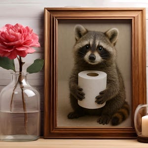 Raccoon Poster Animal Bathroom Poster – Funny Raccoon Holding Toilet Paper – Humorous Bathroom Wall Decor – Digital Download Wall Art