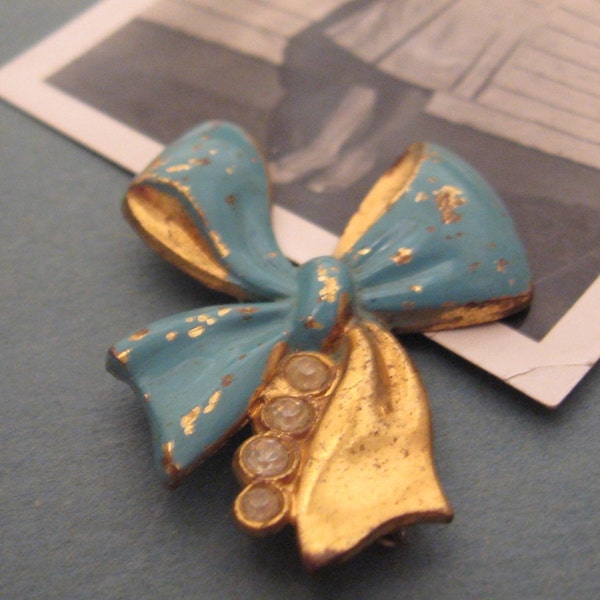 Sweet and Shabby Enamel and Rhinestone Brass Bow Brooch