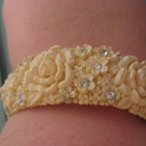 Celluloid and Rhinestone Molded Roses Clamper Bracelet