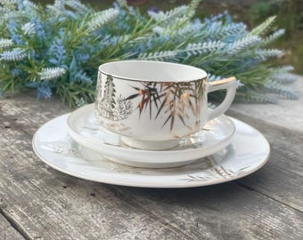 Vintage Japanese Geisha Tea Set | Gold Trim Cup Saucer Plate Trio | Lithophane Espresso Set