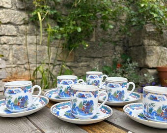 Vintage Karlsbad Espresso Cups & Saucers – Japanese Garden Design, Set of 6