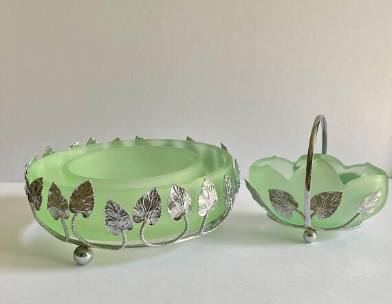 Art Deco Bagley Posy Trough Frosted Green Glass with Chrome Basket & Side Dish 1930s