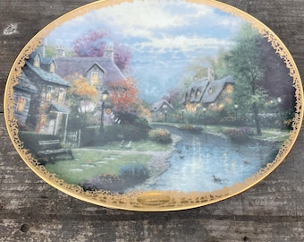 Thomas Kinkade “Lamplight Brooke” Plate | 1994 Bradford Exchange | English Village Scene | Limited Edition Wall Plate | Gold Trim