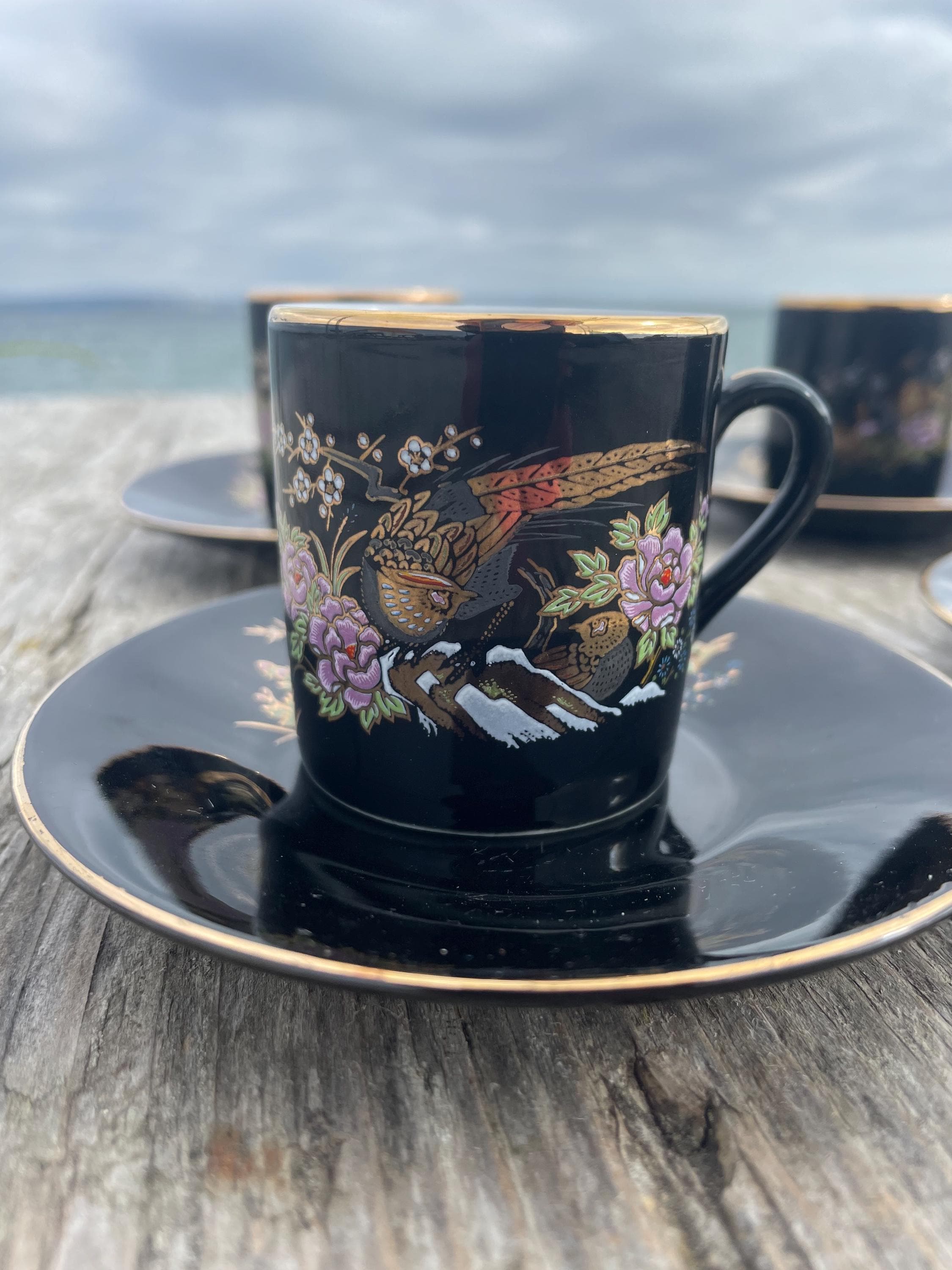 Vintage Kutani Style Espresso Cup Set: Peacock & Pheasant, Gold