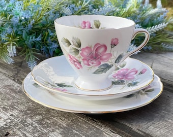 Gladstone Bone China Trio Set – Vintage Tea Cup, Saucer & Plate with Pink Floral Design – English Tea Party or Wedding Gift