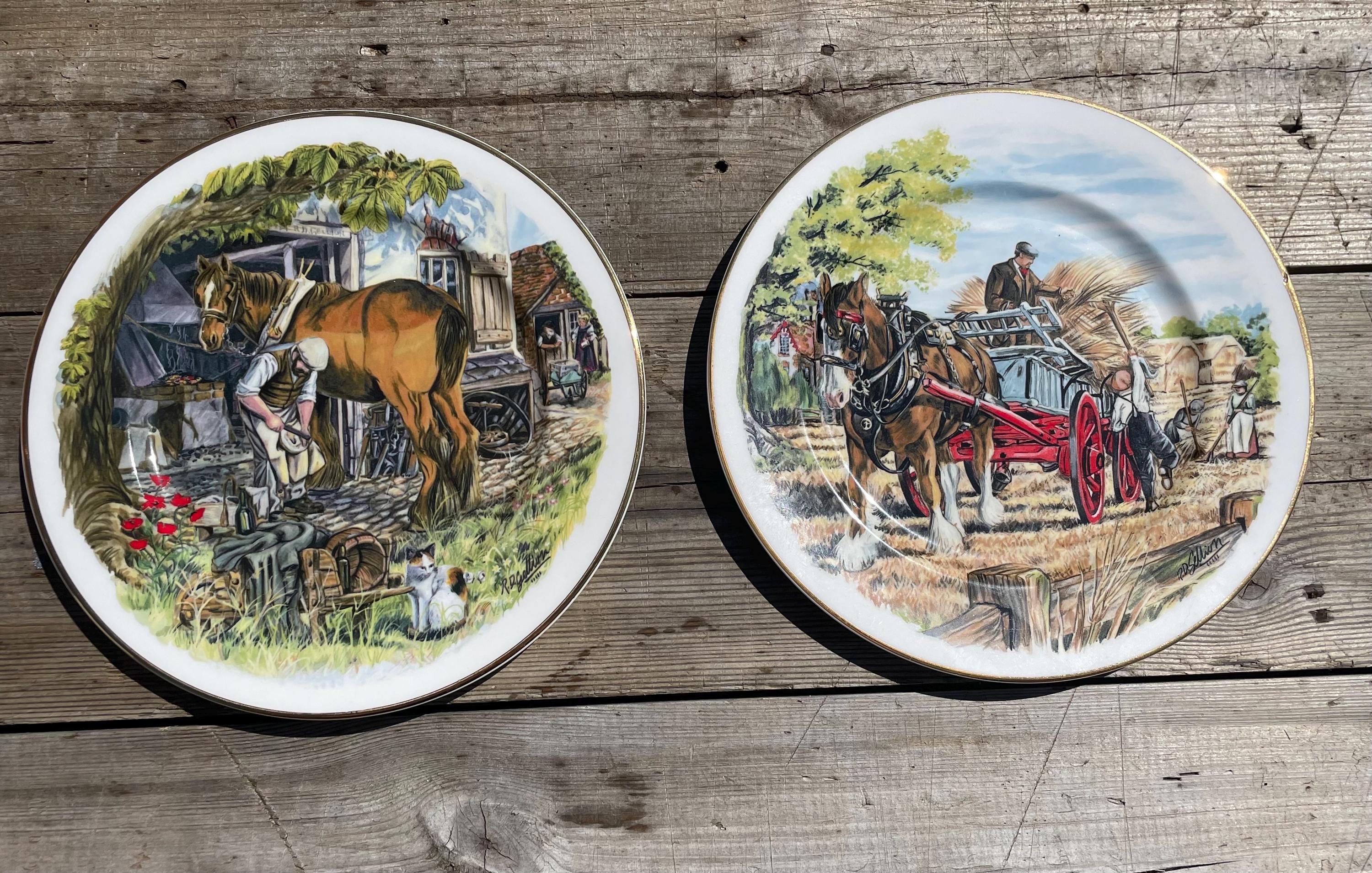 Pair of Vintage Decorative Plates by Kirsty Jesop – The Farrier & The Harvest – 1980s Countryside Collectors Plates